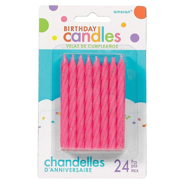 Birthday Candle – Large Pink Glitter Spiral ~ 24 per pack