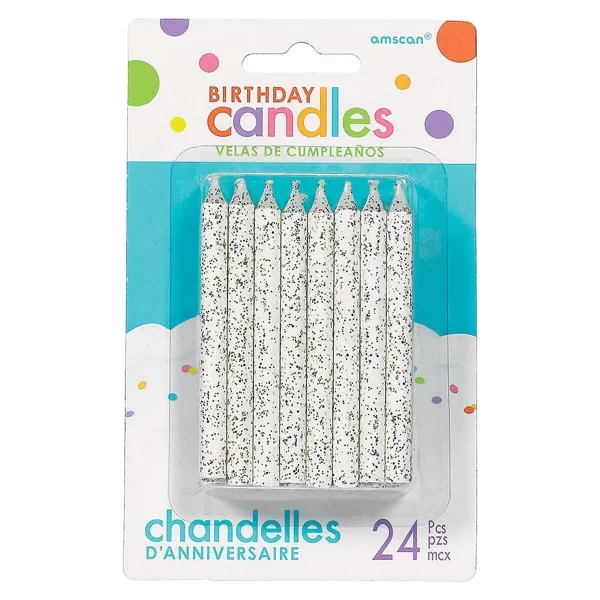 Birthday Candle – Large White Glitter Spiral ~ 24 per pack